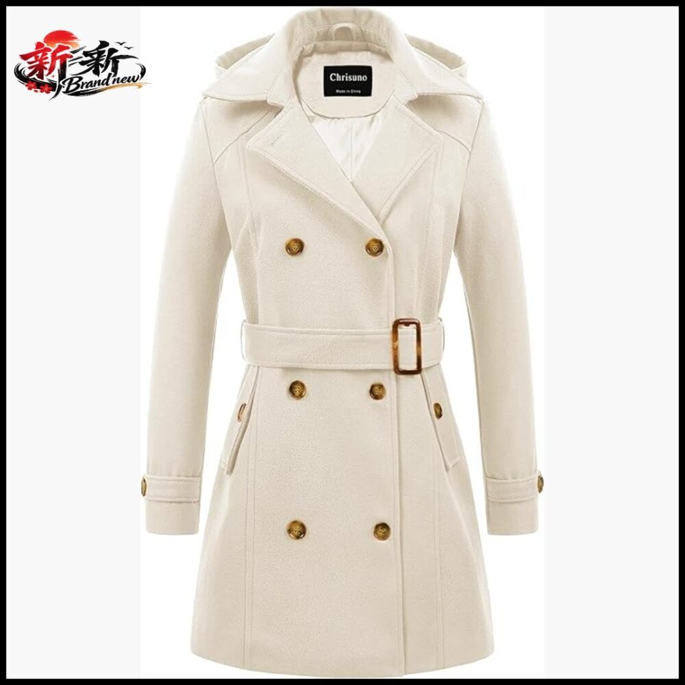 Double Breasted Pea Coat Hooded Long Winter Trench Coat